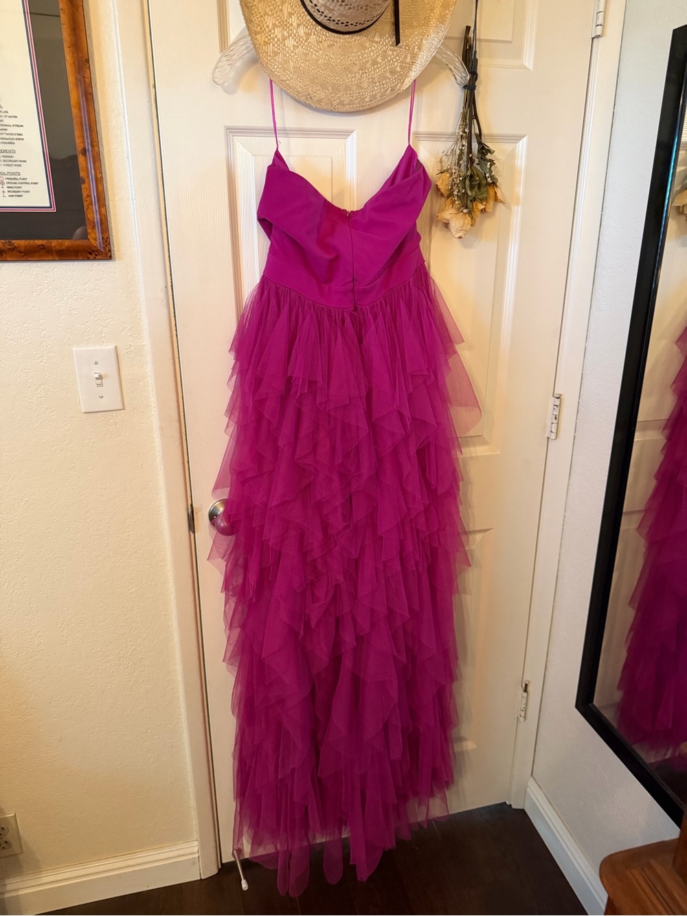 Strapless Fuchsia Ruffled Tulle Evening Dress - Picture 3 of 7